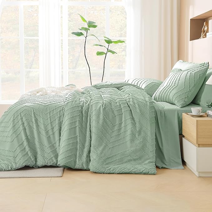 Litanika Sage Green Queen Size Comforter Set with Sheets - 7 Pieces Bed in a Bag Queen Boho Tufted Complete Bedding Sets with Comforter, Sheets, Pillowcases & Shams