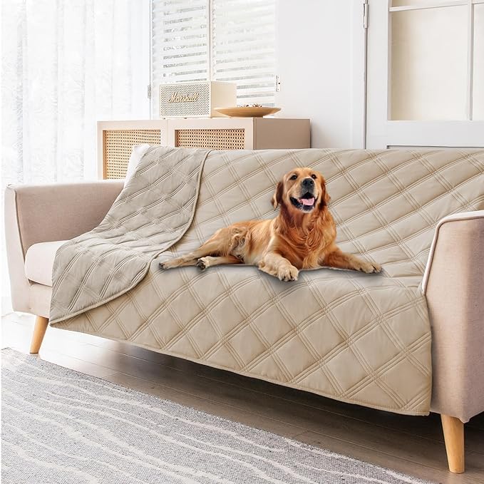 fuguitex Waterproof Dog Blanket Reversible for Small Dogs Resistant Leakproof Washable Couch Cushion Bed Protector Cover for Indoor Furniture Pet Friendly（82"*82",Beige+Khaki