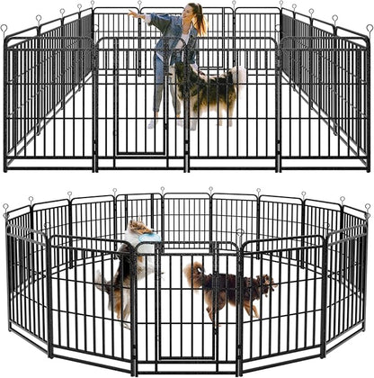 Kfvigoho Heavy Duty Dog Playpen: 16 Steel Panels 40" Height, Square Steel Pipe with Reinforced Crossbars, 36FT 103 Sq.ft Portable Fence for Yard RV Camping, Snowy Black