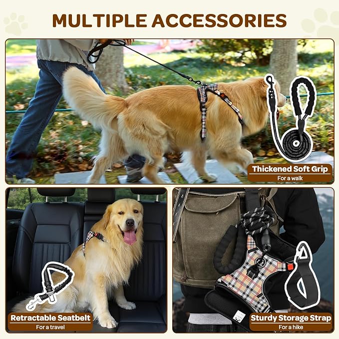 FURRYFECTION Plaid Dog Harness for Small Dogs, Reflective No Pull Adjustable Pet Vest with Front Clip, Leash, Easy Control Handle and Seat Belt, Beige&White, S