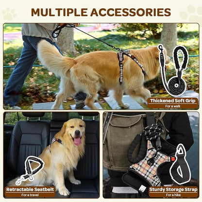 FURRYFECTION Plaid Dog Harness for Small Dogs, Reflective No Pull Adjustable Pet Vest with Front Clip, Leash, Easy Control Handle and Seat Belt, Beige&White, S