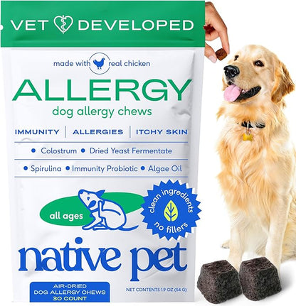 Native Pet Dog Allergy Chews - Dog Allergy Relief for Small Breeds - Supports Seasonal Itch Relief, Healthy Immune Function & Reduces Sneezing - Colostrum, Spirulina, & Probiotics - 30 Days Supply