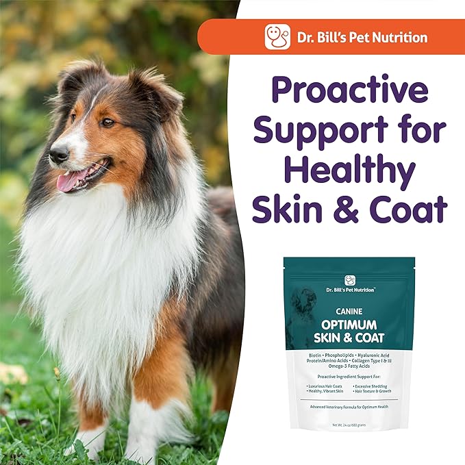 Dr. Bill's Canine Optimum Skin & Coat – Reduces Shedding, Itching, Dry Skin – Allergy Relief for Healthy Fur - Omega 3, Collagen, Biotin & Hyaluronic Acid – 680g Vet-Recommended Dog Supplement
