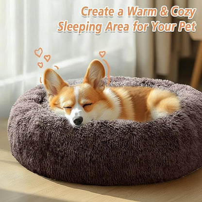 JOLLYVOGUE Calming Dog Bed Medium Size Dog, 31in Donut Washable Medium Pet Bed, Anti-Slip & Anti-Anxiety Fluffy Faux Fur Round Dogs Bed, Fits up to 45 lbs Pets (Chocolate)