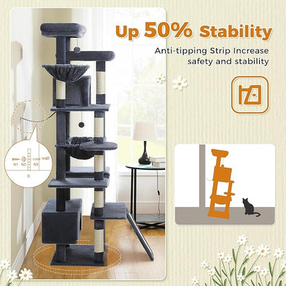 MUTTROS 81 Inch Tall Cat Tree for Big Cats & Multi-Cat Homes, Large Heavy Duty Cat Tower with Metal Frame Hammock, 6 Scratching Posts, 2 Condos, 2 Perches, Scratching Pad - Dark Grey
