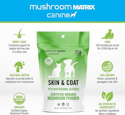Om Mushroom Matrix Pet - Canine | Skin & Coat | USA Grown Human-Grade Organic Mushroom Powder Pet Supplement | Seasonal Allergy Skin & Coat Support for Dogs & Cats | 100 Grams, 3.5 oz