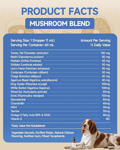 Organic Mushroom Supplement for Dogs - 18-in-1 blend with Turkey Tail, Reishi, Lion's Mane. Supports immune defense, allergy relief, joint & skin health. Tasty roast chicken flavor liquid, 60mL