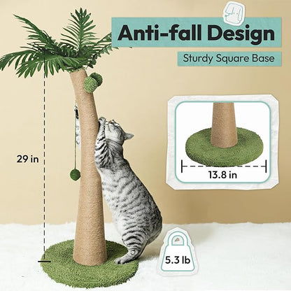 33" Tall Cat Scratching Post, Natural Jute Cat Scratcher for Indoor Cats, Coconut Tree Design with Hanging Toy Ball & Rest Platform, Stable Furniture Protector for Kittens & Adult Cats, S