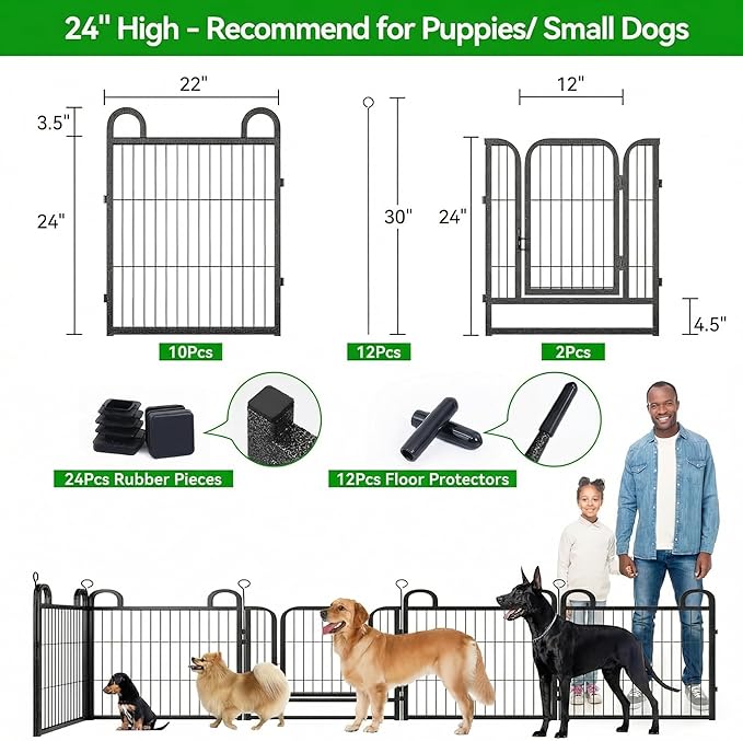 Puppy Playpen 12 Piece Panels Small Dog Fence Outdoor Indoor Use 24" Height Anti-Rust with Doors Portable Dog Play Pen for RV Camping Yard, Total 22FT, 30.25 Sq.ft, Snowy Black