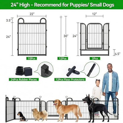 Puppy Playpen 12 Piece Panels Small Dog Fence Outdoor Indoor Use 24" Height Anti-Rust with Doors Portable Dog Play Pen for RV Camping Yard, Total 22FT, 30.25 Sq.ft, Snowy Black