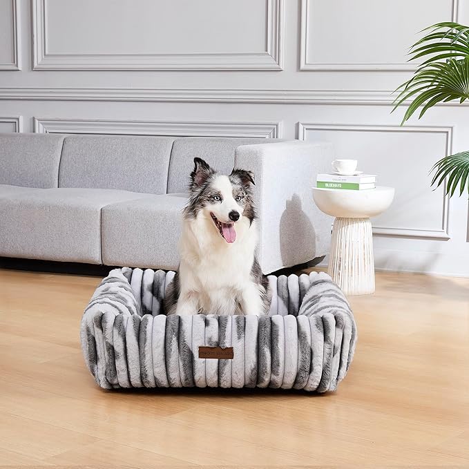 Modern Threads Ribbed Plush Two-Tone Cuddler Dog Bed, Ultra-Soft Faux Rabbit Fur, Supportive Bolstered Sides, Removable Washable Cover, Bed for Medium Dogs, Silver, (28" L x 21" W x 9" Th)