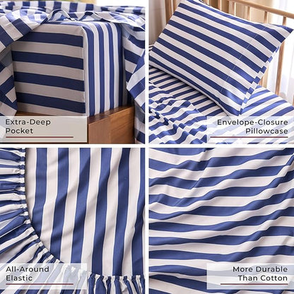 Mellanni Twin XL Sheets Set - 3 PC Iconic Collection Bedding - Hotel Luxury, Soft, Cooling Bed Sheets - Wrinkle, Fade, Stain Resistant (Twin Extra Long, Oxford Stripe Blue Nova)