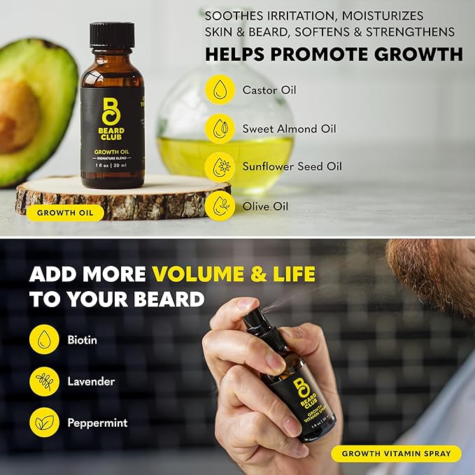 The Beard Club Titanium Beard Growth Kit - Derma Roller, Growth Oil, Vitamins, Vitamin Spray, Biotin Balm, Thickening Conditioner, Shampoo, Straight Razor, Scissors, Comb, Cleansing Spray - Gift Set