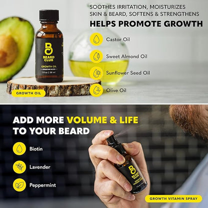 The Beard Club Titanium Beard Growth Kit - Derma Roller, Growth Oil, Vitamins, Vitamin Spray, Biotin Balm, Thickening Conditioner, Shampoo, Straight Razor, Scissors, Comb, Cleansing Spray - Gift Set
