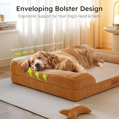 CWAWZ Dog Beds for Large Dogs, Orthopedic Dog Bed with Cooling Gel Memory Foam, Waterproof Large Pet Bed with Removable Washable Cover, 36" Pet Sofa Couch Dutch Velvet with Bone Toy, Brown