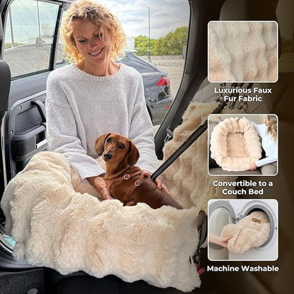 Pelsbarn Luxurious Cozy Car Bed - X-Small Luxury Travel Dog Bed with Safety Belt - Ultra Soft Faux Fur - Beige