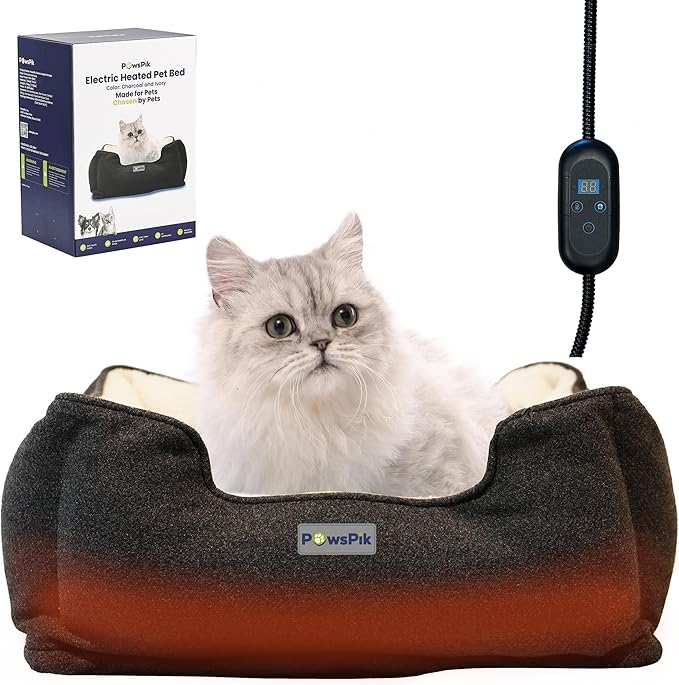 PAWSPIK Heated Cat Bed, Heated Dog Bed for Pets Indoor, Electric Pet Bed Warmer for Cats and Dogs (Charcoal and Ivory)