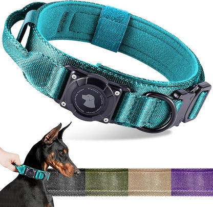 2026 Upgrade Waterproof AirTag Dog Collar, Military Tactical Dog Collar with AirTag Holder, Comfortable Control Handle and Metal Buckle, GPS Dog Collar Holder for Medium to Large Dogs (Blue,L)