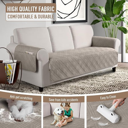 TAOCOCO Waterproof Couch Covers for Pets Dogs with Non Slip Backing, Sofa Seat Covers with Side Pocket for 3 Cushion Couch Washable Dog Couch Cover Protector Sofa Slipcovers(Sofa Plus, Light Brown)
