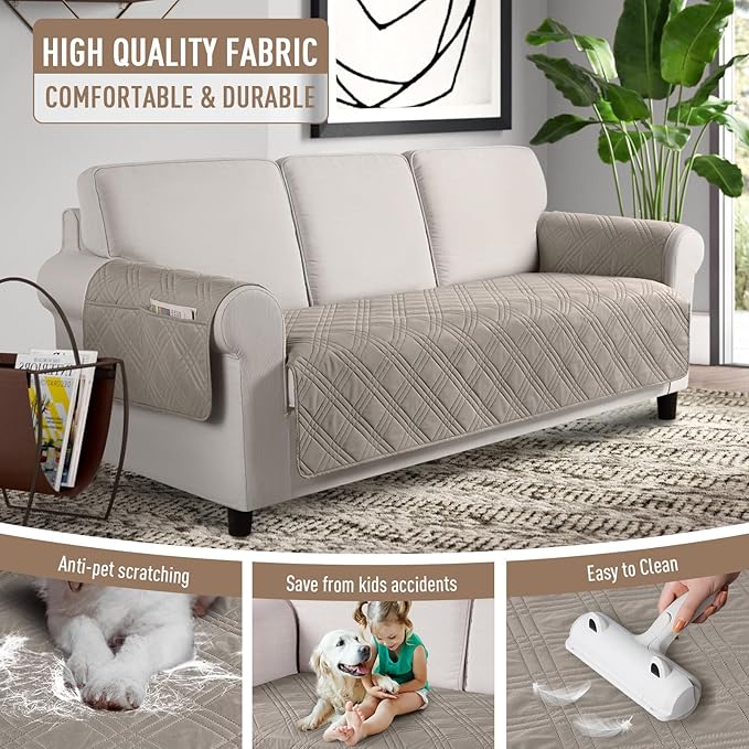 TAOCOCO Waterproof Couch Covers for Pets Dogs with Non Slip Backing, Sofa Seat Covers with Side Pocket for 3 Cushion Couch Washable Dog Couch Cover Protector Sofa Slipcovers(Sofa, Light Brown)