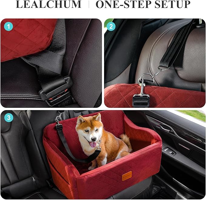 Lealchum Dog Car Seat for Medium/Large Dogs,2 Clip-On Safety Leashs for 2 Small Dogs,Removable and Washable Comfy Pet Car Seat,Easy to Install and Clean (Red, Large)