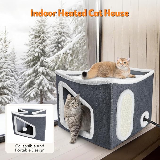 Tovve Heated Cat House for Indoor, Large Cat Bed with Heating Pad, Adjustable Temperature & Timing, with Fluffy Ball Hanging and Scratch Pad, Foldable Pet Hideaway for Small Medium and Large Cats（XL）