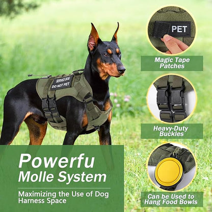 No Pull Tactical Dog Harness for Large Dogs, Escape Proof Molle Dog Vest Harness and Leash Set, Adjustable Military Service Dog Harness with Handle for Medium Large Dogs(Green, M)