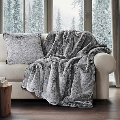 EVERGRACEHOME Luxury Soft Faux Chinchilla Fur Throw Blanket for Couch, Warm Thick Heavy Winter Throw Blanket 1220GSM for Bed, Fluffy Cozy Mink Blanket with Reversible Velvet, Onyx Mink, 60"x80"