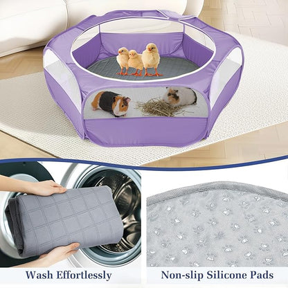 2-in-1 Small Animals Playpen with Pad, Waterproof Small Pet Cage Tent with Reusable Pad, Portable Outdoor Yard Fence with 3 Metal Rod for Chick/Kitten/Puppy/Guinea Pig/Rabbits/Chinchillas, Purple+Gray