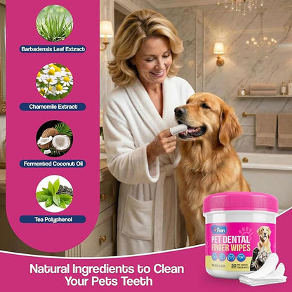 Pet Dental Finger Wipes - Natural Ingredients, Easy to Use Dog Teeth Cleaning Wipes for Effective Dog Teeth Cleaning - Ideal Dog Dental Wipes for Optimal Oral Hygiene