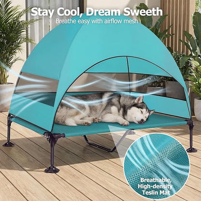 Elevated Dog Bed with UV-Proof Canopy, Outdoor Dog Tent with Powerful Adjustable Feet, Portable Pet Cot with Wider Shade, Raised Cooling Bed for Camping, Patio, Beach, Poolside