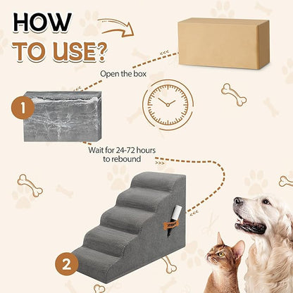 Romrol Dog Stairs Ramp for High Beds Couches, High Density Foam Pet Steps with Durable Non-Slip Waterproof Fabric Cover, Dog Stairs for Small Dogs or Cats or Pets, 5-Step, 22 Inch, Grey