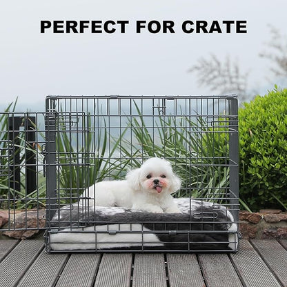 Bedfolks Plush Waterproof Dog Crate Bed, Removable Washable Cover, Faux Fur Pad for Small Dogs & Cats, 17"x12", Black-White Cowhide