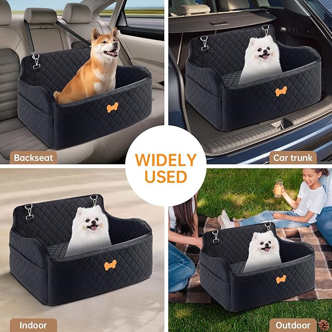 Car Seat for Large Size Dog, Booster Seat for Dogs Under 55 lbs or 2 Small Dogs, Soft Car Dog Bed Filling in Thick Memory Foam with 2 Safety Leashes and Storage Pocket (Black)