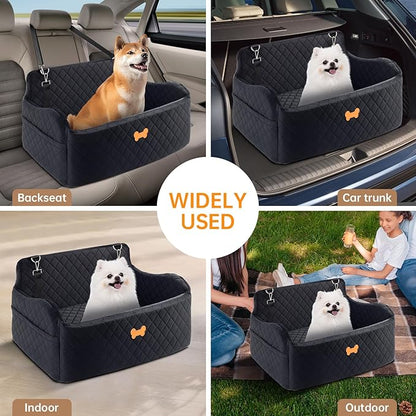 Car Seat for Large Size Dog, Booster Seat for Dogs Under 55 lbs or 2 Small Dogs, Soft Car Dog Bed Filling in Thick Memory Foam with 2 Safety Leashes and Storage Pocket (Black)