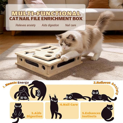 Cat Scratch Puzzle Enrichment Box, Solid Wood Construction Cat Nail File Enrichment Box with Sandpaper Inside, Cat Nail File Box Stress Free Alternative to Clippers and Grinders(No Bell Ball)