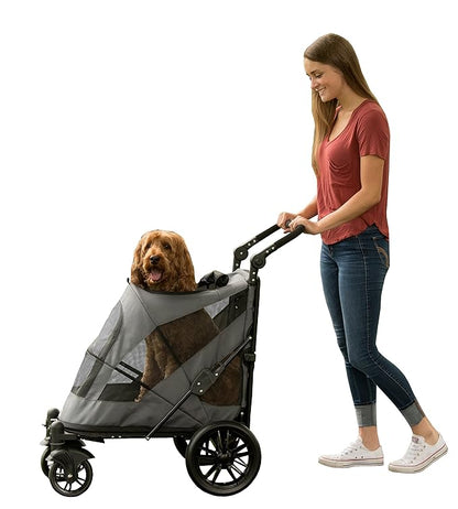 Pet Gear NO-Zip Pet Stroller with Dual Entry, Push Button Zipperless Entry for Single or Multiple Dogs/Cats, Pet Can Easily Walk in/Out, Gel-Filled Tires, Pebble, Excursion