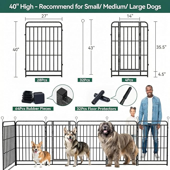 Dog Playpen Outdoor 32 Panels 40'' Rustproof Metal Dog Fence with Gate Small Medium Portable Large Dog Play Pen 72FT 240 Sq.ft for RV Camping, Trips, Play Yard