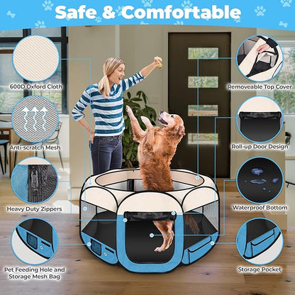 Dog Playpen 45", HOMAGICO Pet Playpen for Indoor Cats Enclosed, Portable Dog Cage Outdoor Tent Crate with Carrying Case, Water-Resistant and Removable Shade Cover, Blue