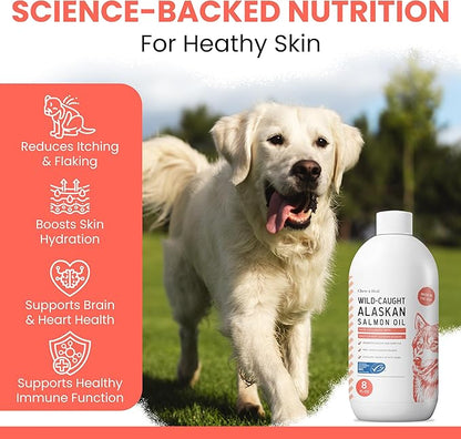Wild Alaskan Salmon Oil for Dogs & Cats 16 oz - Omega 3 Dog Fish Oil Liquid, EPA DHA for Skin & Coat, Itch Relief, Shedding & Joint Health - MSC Certified, Made in USA, Pump Bottle - Chew + Heal