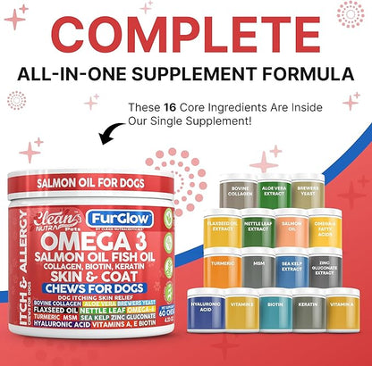 FurGlow Skin and Coat Supplement for Dogs Salmon Oil Omega 3 Fish Oil Turmeric Collagen Aloe Vera Flaxseed Oil Hyaluronic Acid Biotin Keratin Aloe Vera Allergy Relief Beef Flavor | Clean Nutra Pets