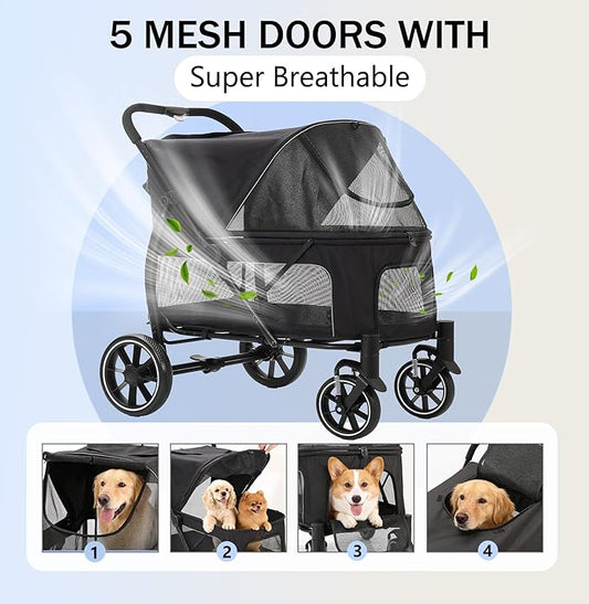 Large Dogs Stroller for Multiple Pets up to 100lbs, Ultra-Breathable Pet Stroller for Medium 2 Dogs，All-Terrain with& Mesh Dual-Window，1680D Waterproof Oxford Fiber (Black)