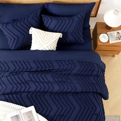 Litanika Full Size Comforter Set with Sheets Navy Blue - 7 Pieces Bed in a Bag Full Chevron Tufted Complete Bedding Sets with Comforter, Sheets, Pillowcases & Shams