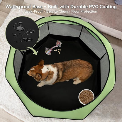 Dog Playpen for Small Dogs & Puppies, 29.92" Portable Indoor Outdoor Puppy Playpen with Bowl, Waterproof Floor, Foldable Pop-Up Pet Pen for Home, Travel & Daily Use, Green+Black