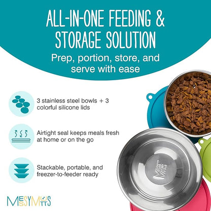 Messy Mutts 6-Piece Set | Three Stainless Steel Bowls and Three Colorful Silicone Lids | Sealable Travel Containers | Portable Food/Water Dishes for Pets | Medium, 1.5 Cups