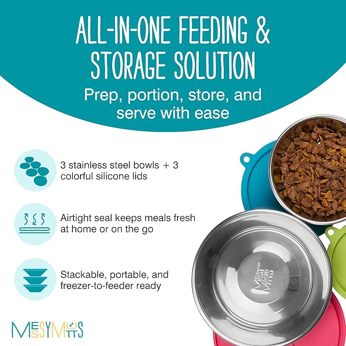 Messy Mutts 6-Piece Set | Three Stainless Steel Bowls and Three Colorful Silicone Lids | Sealable Travel Containers | Portable Food/Water Dishes for Pets | Extra-Large, 6 Cups