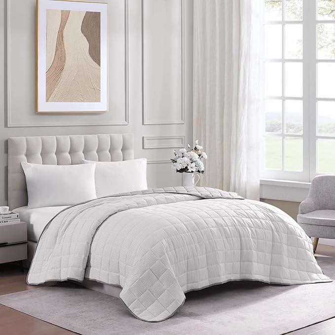 Casa Platino Queen Microfiber Comforter - Pre-Washed, Quilted Blanket, All Season, Lightweight, Down Alternative, Silver Ticking Stripe