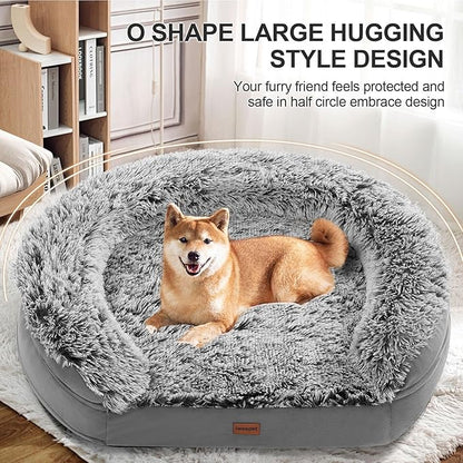 iweepet 3.7 inch Thickened Orthopedic Dog Beds for Large Dogs, Fluffy Supportive Dog Sofa Bed with 28D Egg-Crate Foam, Removable Washable Plush Cover, Waterproof Lining, Cozy Oval Design, Grey