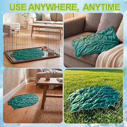 Drydiet Self Cooling Mat for Cats - Large Leaf Shaped - 27 x 18.5 Inch Summer Pet Cool Mats for Cats and Puppies, Reversible Sleeping Blanket Pad for Cage Accessories and Safety Fences, Light Green