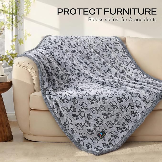 Luciphia Waterproof Pet Blankets for Couch Sofa Bed Cover Liquid Pee Proof Washable Soft Fluffy Large Dog Blanket Reversible Furniture Protection Paw Grey X-Large（85" x 57"）